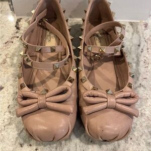 Valentino Nude / Tan Ballerina Leather Bow Mary Jane Flats - Box & dust bag